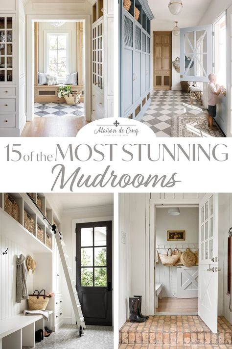 These stunning laundry and mudrooms mix style and function! Gorgeous mudrooms and laundry rooms--->#maisondecinq laundryroom mudroom homedecorideas homedesign frenchcountry frenchfarmhouse countryfrench europeanstyle Mud Room Laundry Room Flooring, French Modern Laundry Room, Pool Mudroom Entryway, Shabby Chic Laundry Room Ideas French Country, French Farmhouse Mudroom, Farmhouse Mudroom Flooring, Cool Laundry Room Floors, Mudroom Laundry Room Half Bath Ideas, French Country Mudroom Entryway