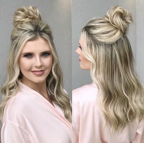 Top Knot Wedding Hair Half Up, Half Up Bun Wedding Hair Top Knot, Top Knot Bridal Hair, Half Up High Bun, Top Knot Bun Wedding Hair, Top Knot Half Up Half Down, Half Up Half Down Top Knot, Bridesmaid Top Knot, Half Up Half Down Hair Top Knot