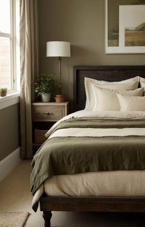 Green Comforter Bedroom, Earthy Tones Aesthetic, Wood And Plants, Olive Bedroom, Tan Bedroom, Olive Green Bedrooms, Earthy Bedroom, Sage Green Bedroom, Wooden Bed Frame