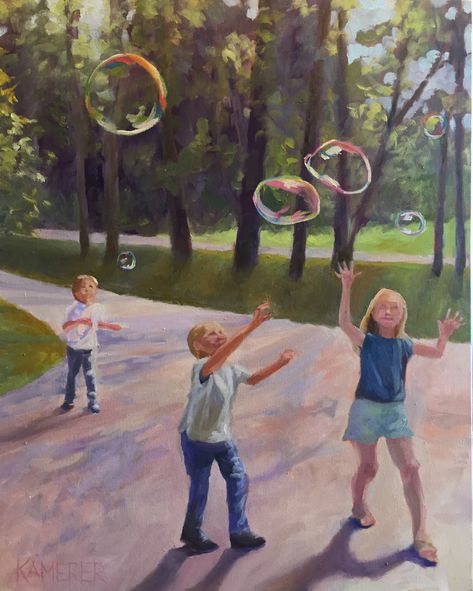 24” x 30” oil painting on canvas   Childhood innocence and joy captured in oil. #artwork #childrensart #homedecorideas #oilpaintingart #bubbles #kidsroom Message Giving Paintings, Childhood Art Painting, Childhood Nostalgia Artwork, Childhood Inspired Art, Childhood Painting Memories, Childhood Nostalgia Painting, Childhood Dreams Art, Moment In Time Art, Meaningful Oil Paintings