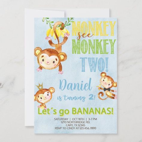 Monkey see monkey two boy birthday invite. invitation Birthday Photoshoot Ideas Boys, Monkey Party Ideas, Monkey Invitations, Monkey Birthday Party, Monkey Birthday Parties, 2nd Birthday Boys, Monkey And Banana, Monkey Birthday, Boy Birthday Party Themes