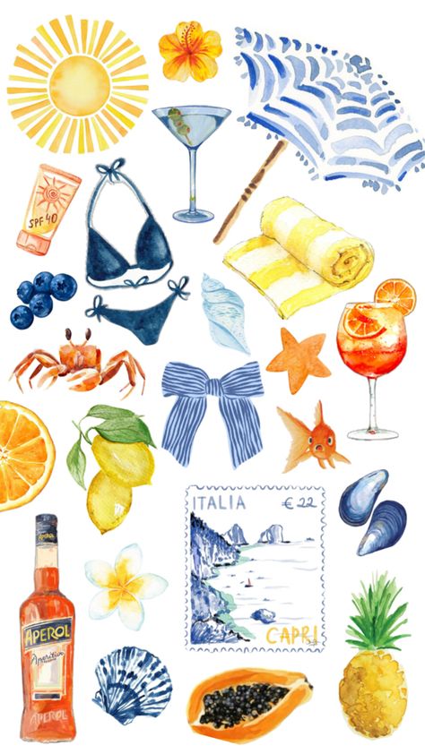 Summer vibes. Summer inspo. Wallpaper. Yellow. Blue. Orange. Aperol. Italia. Italy. Pineapple. Bikini. Towel. Lemon. Orange. Papaya. Flower. Seashells. Goldfish. Crab. Starfish. Martini. SPF. Papaya Flower, Inspo Collage, Inspo Wallpaper, Scrapbook Printing, Collage Scrapbook, Diy Journal Books, Summer Scrapbook, Fun Crafts To Do, Iphone Wallpaper App