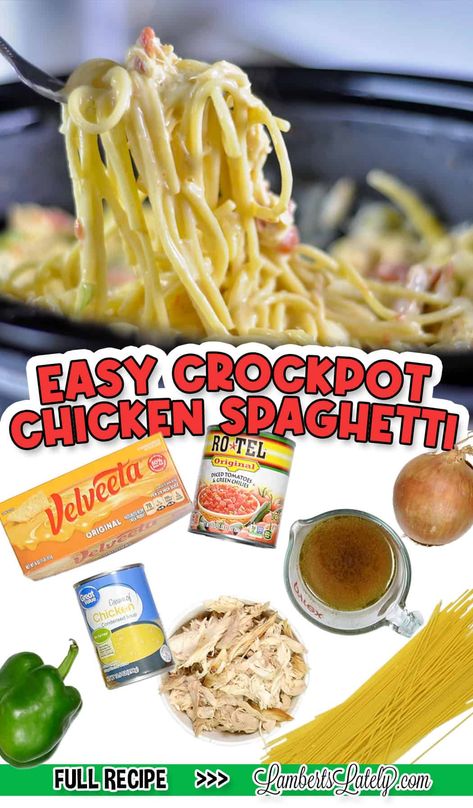 Easy Weeknight Slow Cooker Meals, Chicken Spaghetti Velveeta, Crock Pot Stew Meat Recipes, Chicken Spaghetti With Rotel, Spaghetti With Rotel, Crockpot Rotisserie Chicken, Frozen Chicken Crockpot, Rotel Chicken Spaghetti, Crockpot Chicken Spaghetti