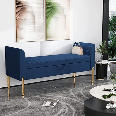 ALISH Storage Bench,Upholstered Storage Ottoman Bench,Modern Bed Bench Entryway Bench with Gold Legs for Bedroom Living Room Blue Modern Bed Bench, Upholstered Entryway Bench, Living Room Blue, Bench Entryway, Grey Benches, Blue Bench, Storage Bench Bedroom, Room Blue, Gray Dining Chairs