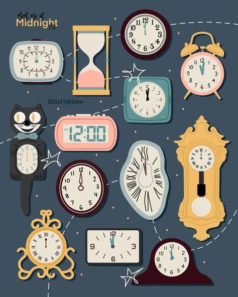 Clocks Illustration, Midnights Clock, Wall Of Clocks, Clock Doodle, Midnight Clock, Clock On Wall, Clock Poster, Clock Illustration, Clock Drawing