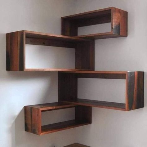 Shelves Design Ideas, Woods Project, Corner Shelf Ideas, Corner Shelf Design, Wall Shelves Living Room, Furnitur Ruang Keluarga, Corner Wall Shelves, Shelves Design, Regal Design