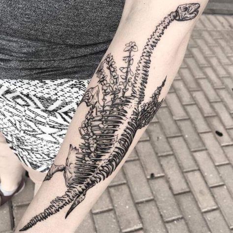 Fossil Tattoo Sleeve, Dinosaur Skeleton Tattoo Floral, Dinosaur Leg Sleeve Tattoo, Dinosaur Bones Tattoo, Fossil Tattoo, Jurassic Park Tattoo, Dinosaur Tattoos, Bone Tattoos, Skeleton Tattoos