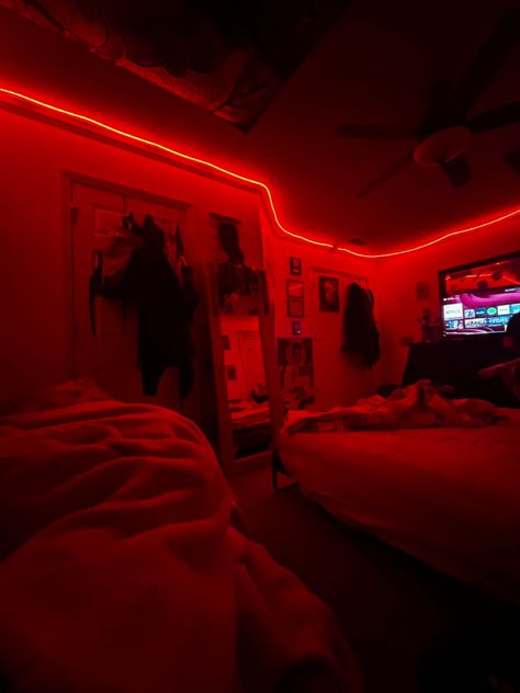 Red Bedroom Lights, Red Led Lights Bedroom Aesthetic, Res Bedroom Aesthetic, Girls Bedroom Red, Red Lights Bedroom, Red Room Lights Aesthetic, Red Led Lights Boys Room, Red Room Aesthetic, Emily Core