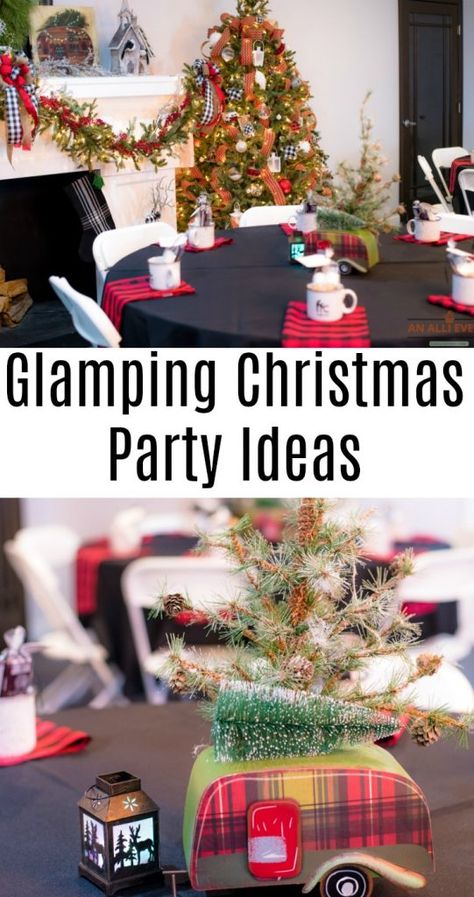 A Glamping Christmas party is so much fun! From the menu to the centerpieces, decor, menu and games, these are the best ideas for a rustic, relaxing glamping party. #Glamping #GlampingParty #GlampingChristmasParty #Camping #CampingParty Christmas Campfire Party, Christmas Camping Decorations, Glamping Birthday Party Decorations, Glamping Christmas, Glamping Birthday Party Invitations, Candy Cane Game, Christmas Party Menu, Fun Holiday Games, Christmas Party Ideas