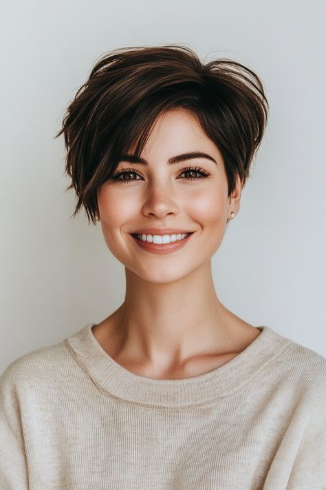 16. Mocha Highlighted Pixie (Long Pixie Cuts) - Long Pixie Cuts Highlighted Pixie, Long Pixie Haircut, Brunette Pixie Cut, Brunette Pixie, Pixie Haircut Ideas, Longer Pixie Haircut, Long Pixie Hairstyles, Long Face Hairstyles, Long Pixie Cuts