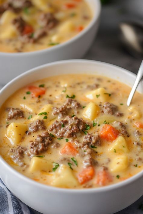 Cheeseburger Soup Recipe - An Organized Chaos Cheeseburger Soup Recipes, Cheesy Hamburger Potato Soup, Potato Hamburger Soup, Cheeseburger Soup Recipe, Hamburger Potato Soup, Sausage Soup Recipes, Cheese Burger Soup Recipes, Italian Sausage Soup, Seasoned Veggies