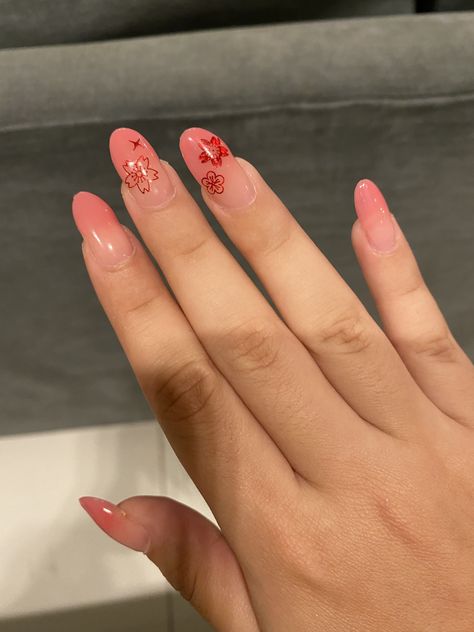 Chinese new year themed - pink ombre acrylic nails with flowers Simple Chinese New Year Nails, Pink Ombre Acrylic Nails, Acrylic Nails With Flowers, Chinese New Year Nails, Lunar New Year Nails, Nails With Flowers, Valintines Day, New Year Nails, Ombre Acrylic