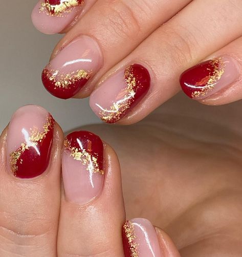 Christmas Nail Art Designs Xmas Sparkle Red Glitter Gold, Red With Gold Glitter Nails, Red Nails Gold Tips, Red And Gold Short Nails, Red And Gold Gel Nails, Short Red And Gold Nails, Red Black Gold Nails, Nude And Red Nails, Farewell Nails