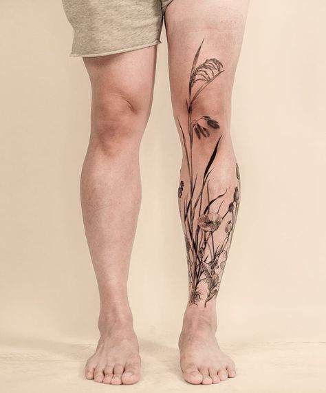 Leg Tattoo Men Flowers, Nature Leg Tattoo Men, Single Leg Sleeve Tattoo, Plant Shin Tattoo, Garden Tattoo Leg Sleeve, Botanical Tattoo Leg Sleeve, Plants Growing Up Leg Tattoo, Knee Tattoo Plant, Meadow Tattoo Sleeve