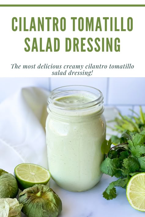 The most delicious creamy cilantro tomatillo salad dressing! Made with greek yogurt, tomatillos, cilantro, fresh lime, jalapeno, and green onion. This recipe is comparable to the house dressings you find at Cafe Rio and Costa Vida but my homemade version, which I think tastes even better! Make it with me! Cafe Rio Dressing, Cilantro Lime Ranch Dressing, Cilantro Lime Dressing Recipe, Spicy Ranch, Chipotle Ranch, Cafe Rio, Cilantro Dressing, Sweet Pork, Ranch Dressing Recipe