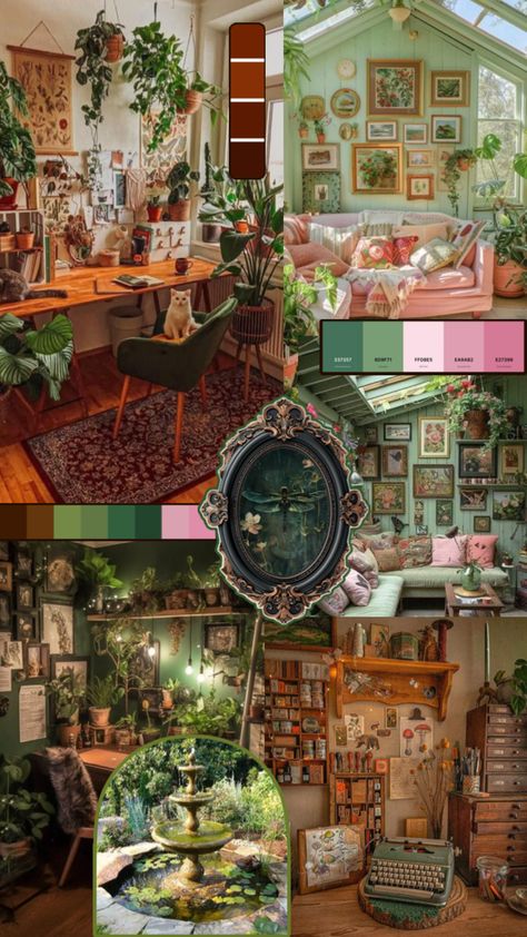 Bedroom inspiration pics. Color palette is green, pink, and brown. The mix of dark green, warm wood tones, and a pop of pink, is a cozy and beautiful color combination. Maximalist cottage core decor with plants and framed/art of insects and mushrooms. Warm Maximalist Decor, Fairycore Room Aesthetic, Pink And Brown Room, Cottage Core Aesthetic Bedroom, Academia Aesthetic Bedroom, Cottage Core Green, Fairy Core Bedroom, Brown Room, Fairycore Room