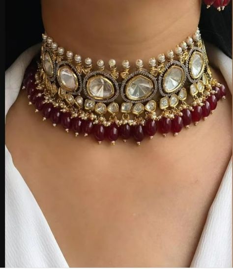 Polki choker with Statement Earrings
 Cz Lab Pearls Victorian Necklace set Jewelry Design Necklace Choker, Choker And Long Necklace Set, Heavy Choker Necklace, Traditional Choker Necklace, Choker Necklace Indian, Victorian Choker, Sabyasachi Jewelry, Polki Choker, Indian Choker