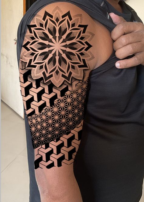 Geometric Illusion Tattoo, Geometric Tattoo Filler, Geometric Tattoo Shoulder, Geometric Tattoo Leg, Dove Tattoo Design, Full Hand Tattoo, Baby Tattoo Designs, Mandala Tattoo Sleeve, Animal Sleeve Tattoo