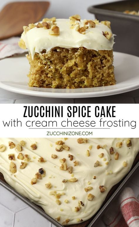 Zucchini spice cake recipe by Zucchini Zone. Zucchini spice cake is filled with shredded zucchini and cozy fall spices for the most tender and moist sheet cake. Topped with velvety cream cheese frosting and chopped walnuts, this will be your new go-to fall cake recipe. #zucchinicake #zucchinispicecake #spicecake #falldesserts #fallcake #autumn #recipe #homemade #creamcheesefrosting