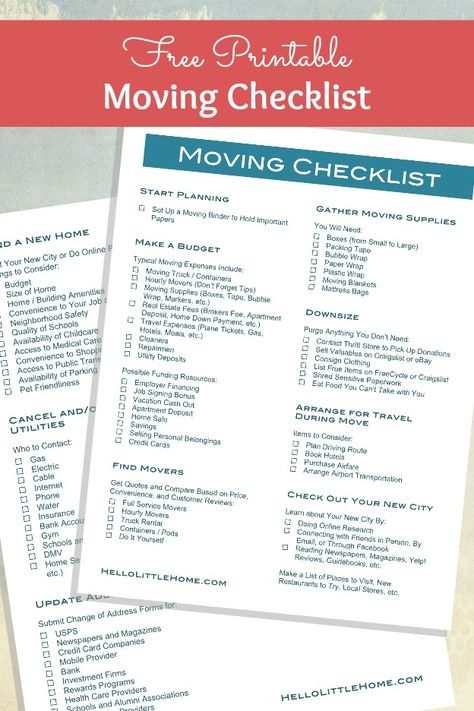 Get organized for your move with this Free Printable Moving Checklist, plus get tons of tips for How to Plan a Big Move! | Hello Little Home Moving To Do List, Moving Checklist Printable, Moving Out Checklist, Tips For Moving Out, Moving Binder, Moving Printables, Moving Timeline, Moving List, Moving House Checklist