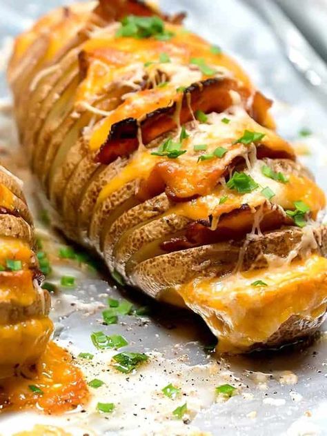 Cheesy Bacony Hasselback Potatoes Bacon Ranch Potatoes, Hasselback Potatoes, Grilled Potatoes, Cheesy Bacon, Bacon Cheese, Potato Dishes, Side Recipes, Perfect Side Dish, Roasted Potatoes