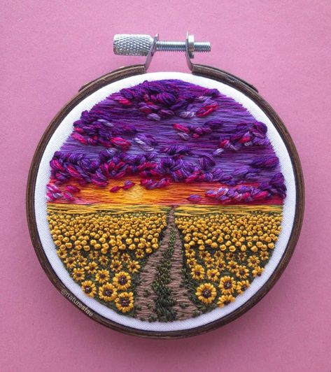 Embroidery Scenery Simple, Embroidery Scenery Design, Embroidery Designs Landscape, Fall Landscape Embroidery, Land Scape Embroidery, Sunflower Sunset, Embroidery Hoop Wall Art, Christmas Embroidery Designs, Diy Embroidery Patterns