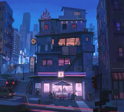 Cyberpunk House, Cyberpunk Building, Background Inspiration, Night Illustration, Bg Design, Building Concept, Isometric Art, City Background, City Drawing