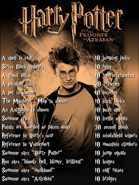 Harry Potter workout for Prisoner of Azkaban Drinking Games For 3, Harry Potter Workout, Tv Workout, Tv Show Workouts, Movie Workouts, Movie Drinking Games, Tv Workouts, Games Quotes, Prisoner Of Azkaban