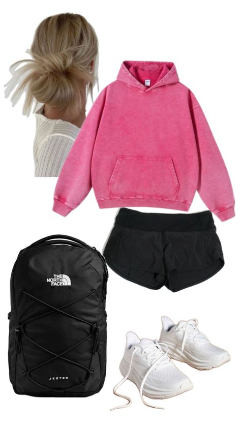 Casual study outfit featuring a pink hoodie, black Lululemon Speed Up Shorts, white Hoka tennis shoes, and a black North Face Jester backpack. The outfit is complemented by a messy low bun hairstyle. What To Wear With Black Lululemon Shorts, Cute Outfits With Lululemon Shorts, White Hoka Outfit, Casual Study Outfit, Outfits With Lululemon Shorts, Hoka Tennis Shoes, Coffee Shop Study, Pink Hoodie Outfit, North Face Jester Backpack