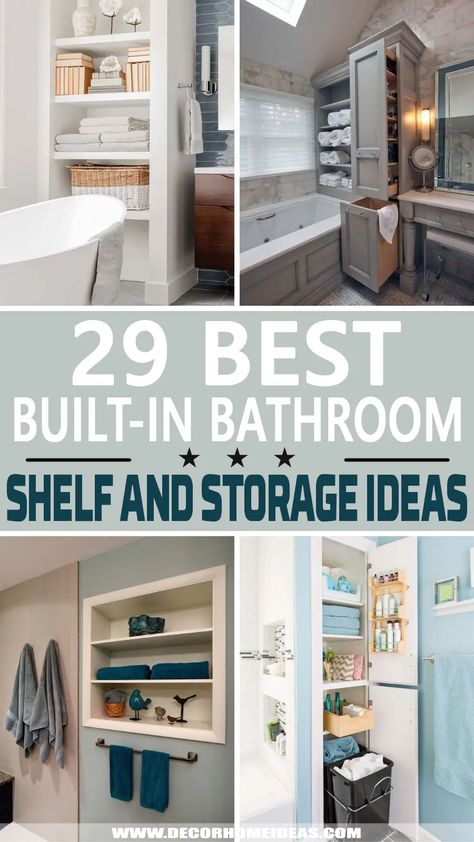 best built-in bathroom shelf and storage ideas Small Bathroom Cabinets, Bathroom Niche, Bathroom Storage Hacks, Bathroom Towel Storage, Bathroom Wall Storage, Bathroom Cabinets Designs, Open Bathroom, Bathroom Shelf Decor, Small Space Bathroom