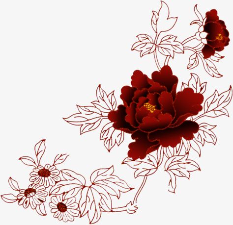 Red Flowers Drawing, Flowers Drawing Simple, Flowers Line Drawing, Red Flower Tattoos, Chinese Flowers, Flower Tattoo Arm, Flowers Drawing, Asian Tattoos, Drawing Simple