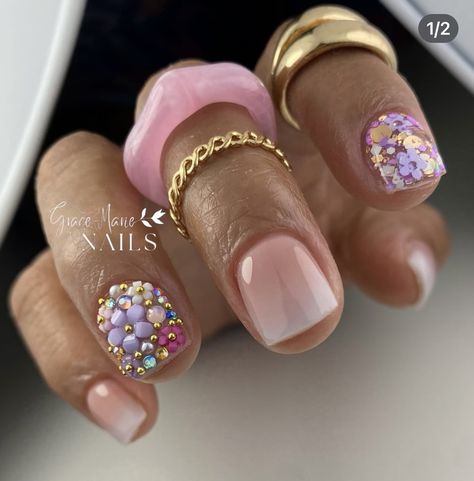 Rhinestone Nails Short Square, Short Nail Overlay, Short Overlay Nail Designs, Short Unique Nails, Short Nail Overlay Ideas, Nail Overlay Ideas, Overlay Nail Designs, February Nail Designs, Nail Overlay