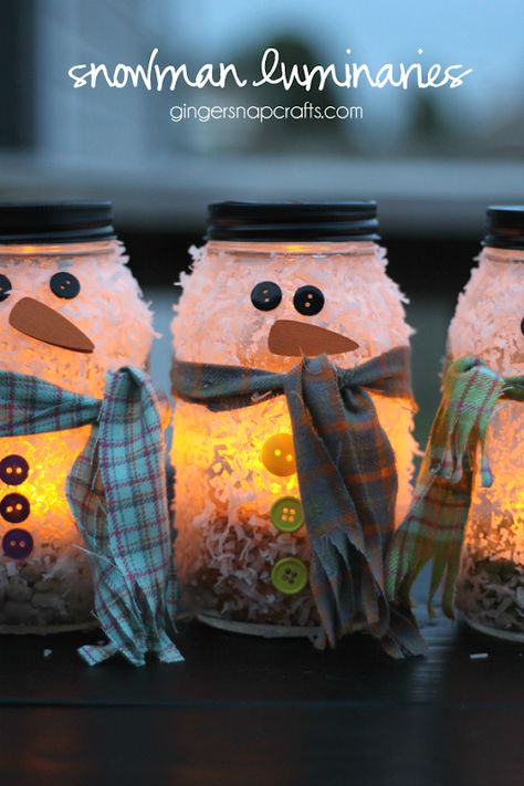 Snowman Luminaries, Orange Scrapbook Paper, Winter Craft Ideas, Jar Snowman, Luminary Diy, Mason Jar Snowman, Snowman Diy, Christmas Mason Jars Diy, Winter Diy Crafts