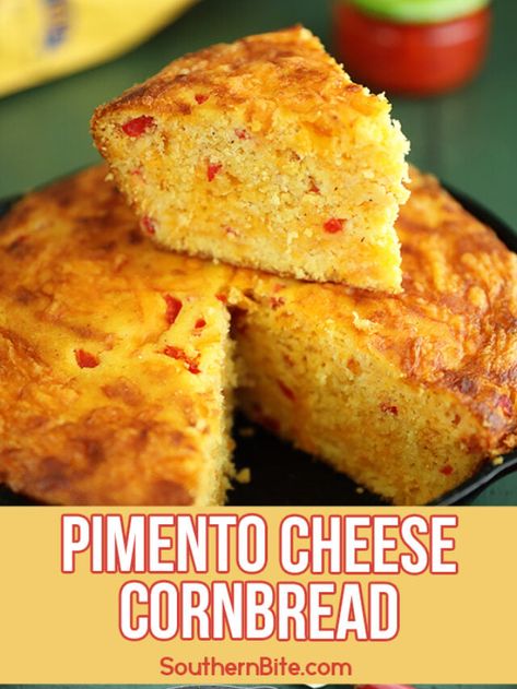 Pimento Cheese Cornbread - Southern Bite Cornbread With Peppers, Pimento Cheese Bread, Pimento Cheese Hushpuppies, Recipes Using Pimentos, Pimento Cheese Cornbread, Recipes With Pimentos, Pimento Cheese Ideas, Pimento Cornbread, Recipes With Pimento Cheese