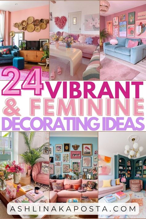 24 Feminine & Vibrant Living Room Styling Ideas that will boost your mood — ASHLINA KAPOSTA Colorful Eccentric Living Room, Blue And Pink Maximalism, Small Whimsical Living Room, Dopamine Living Room Decor, Vibrant Feminine Aesthetic, Colorful Girly Living Room, Small Girly Living Room Ideas, Pretty Room Decor Ideas, Cute Living Room Designs