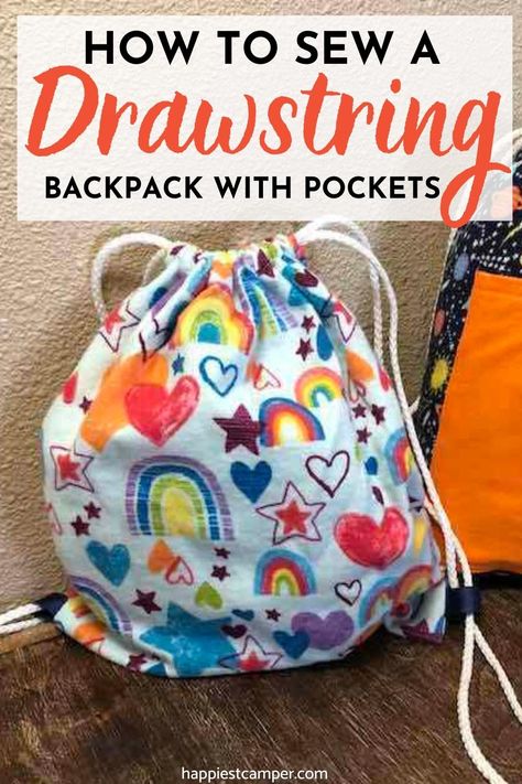 Diy Backpacks, Backpacks For Kids, Diy Drawstring Backpack, Drawstring Bag Tutorials Backpacks, Kids Backpack Diy, Draw String Backpack Pattern Free, Sewing Drawstring Backpack, Easy Diy Drawstring Backpack, Drawstring Backpack Pattern