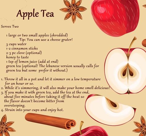 Apple Tea Recipe, Tea Blends Recipes, Homemade Recipe Books, Kitchen Witch Recipes, Tea Drink Recipes, Winter Drink, Drink Recipes Nonalcoholic, Apple Tea, Herbal Teas Recipes