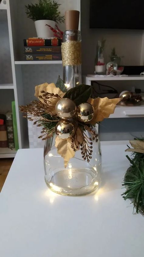 100 Easy-to-Make Christmas Decorations for Your Home - HubPages Wine Bottle Crafts Christmas, Christmas Candle Decorations, Christmas Wine Bottles, Diy Glass Bottle Crafts, Wine Bottle Diy Crafts, Diy Bottle Crafts, Diy Christmas Decorations Easy, Glass Bottle Crafts, Holiday Crafts Christmas