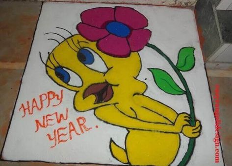 Bhai Bij Rangoli, Cartoon Rangoli Designs For New Year, Rangoli Cartoon Design, Cartoon Rangoli Designs Diwali, New Year Rangoli Design Cartoon, Cartoon Rangoli Designs Easy, Cartoon Rangoli Designs, New Year Rangoli Easy, Cartoon Rangoli