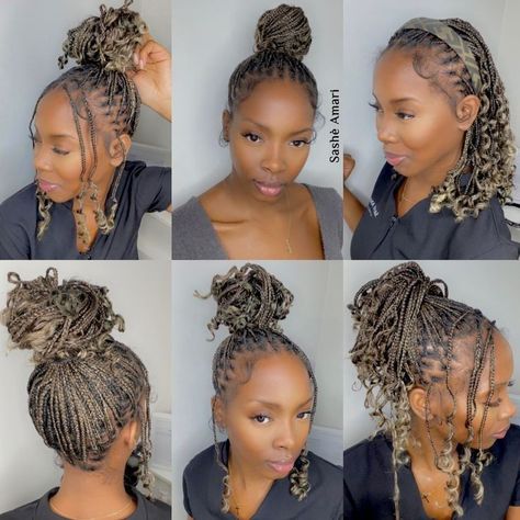 Short Knotless Braid With Curls, Small Cornrows With Box Braids, Small And Short Knotless Braids, Short Knotless Twist Braids, Short Box Braids Blonde, Knotless Braids Human Hair Curls, Boho Bob Knotless Braids Styles, Knotless Braids With Blonde Ends, Curly Bob Knotless Braids