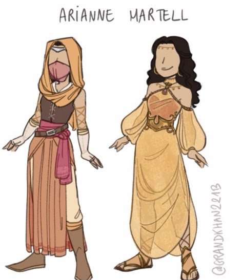 By @grandkhan221b on tumblr Deity Outfit Design, Greek Mythology Clothes Drawing, House Martell Dress, Fantasy Clothing Desert, House Martell Clothes, Vestidos Anime, Dungeons And Dragons Game, Cartoon Outfits, Dnd Art