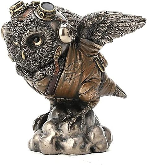 Bronze Finished Steampunk Fantasy Aviator Flying Ace Owl Statue Hand Painted Accents Steampunk Sculpture, Steampunk Owls, Flying Ace, Resin Statue, Owl Wall, Light Eyes, Custom Cartoons, Copper And Brass, Animal Figurines