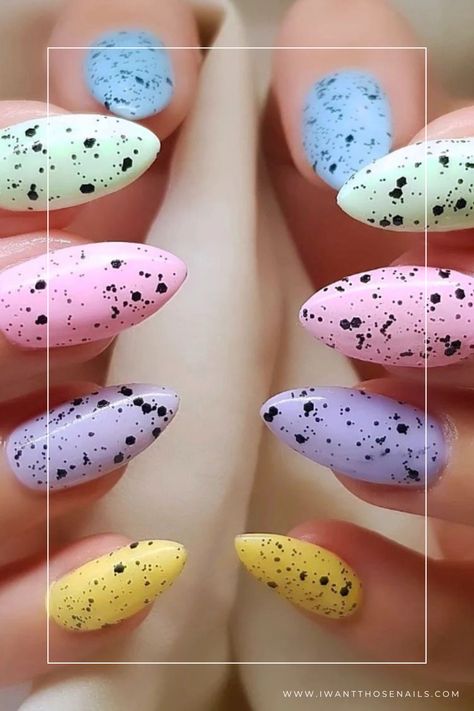 speckled egg nails Speckle Egg Nails, Speckled Easter Egg Nails, Mini Egg Nails Easter, Mini Eggs Nails, Cadbury Egg Nails, Egg Ideas Easter, Robin Egg Nails, Mini Eggs Aesthetic, Easter Nail Art Designs Simple