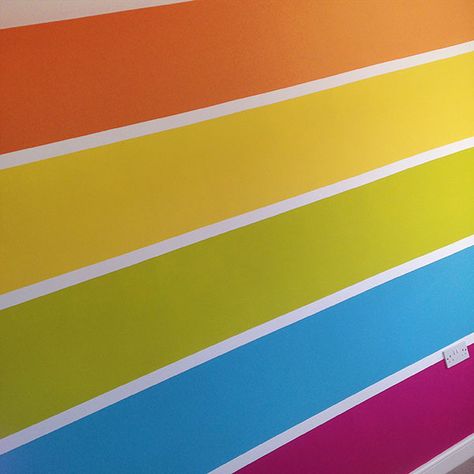 How to Paint a Rainbow Wall | Cakes with Faces Horizontal Rainbow Stripe Wall, Painted Rainbow Wall, Color Accent Wall, Rainbow Stripe Wall, Cakes With Faces, Rainbow Playroom, Rainbow Bedroom, Stripe Wall, Kid Life