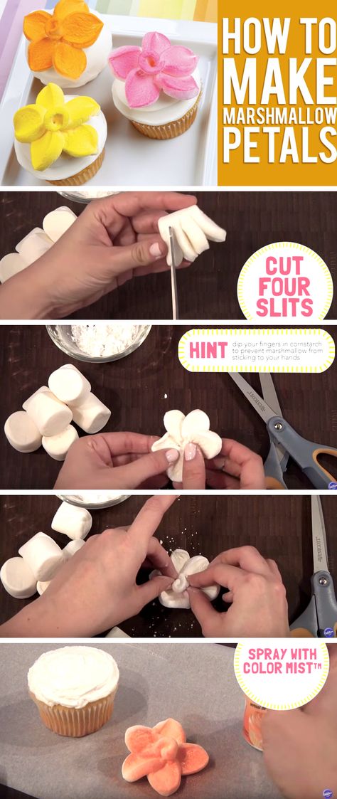 Turn A Marshmallow Into A Flower Shaped Cupcake Topper! Stitch Cake Diy, Diy Cake Flowers, Cake With Marshmallows Decoration, Marshmallow Cake Decoration, Marshmallow Decoration Ideas, Flower Marshmallows, Marshmallow Decorations, Flower Shaped Cake, Marshmallow Flower Cupcakes