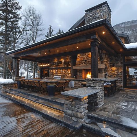 Outdoor Kitchen With Fireplace, Outdoor Bbq Kitchen, Outdoor Patio Designs, Backyard Pavilion, Backyard Bar, Backyard Kitchen, Outdoor Kitchen Patio, Rustic Outdoor, Fire Pit Backyard