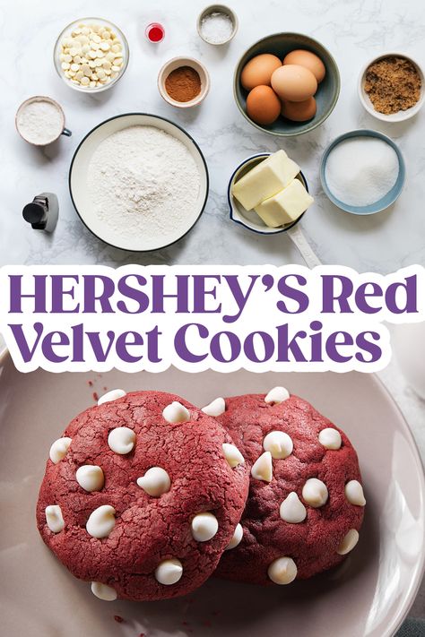 hershey's red velvet cookies Cream Cheese Baking Chips, Red Velvet Cookies With Cream Cheese Chips, Cream Cheese Chips Cookies, Cream Cheese Chipits Recipes, Hersheys Cream Cheese Chips, Cookies With Cream Cheese Chips, Red Velvet Cookies With Cream Cheese, Red Velvet Cream Cheese Cookies, Chipits Recipes