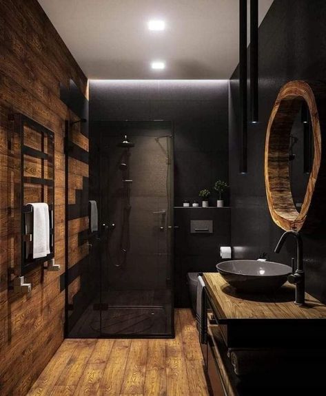 Chalet Modern, Black Modern Bathroom, Dark Bathrooms, Industrial Bathroom, Bathroom Inspiration Decor, Wood Bathroom, Bathroom Style, House Bathroom, Black Bathroom