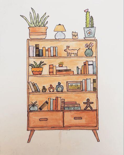 Watercolour painting of a book case. It has books, some plamnts and some figurines on it. Painting has been done in line and wash watercolor technique. Illustration Beginner To Draw, Shelf Drawing Sketch, Watercolor Bookshelf, Shelf Illustration, Watercolor Painting Aesthetic, Shelf Drawing, Craft Stick Projects, Colorful Bookshelf, Learn Watercolor Painting