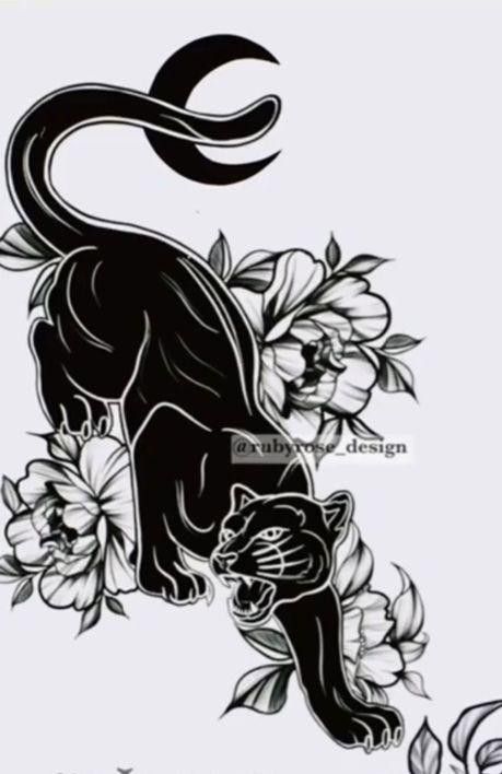 Panther With Flowers Tattoo, Black Panther Tattoo, Armband Tattoos, Panther Tattoo, Spine Tattoos For Women, Leg Tattoos Women, Beautiful Tattoo, Memorial Tattoo, Thigh Tattoos Women